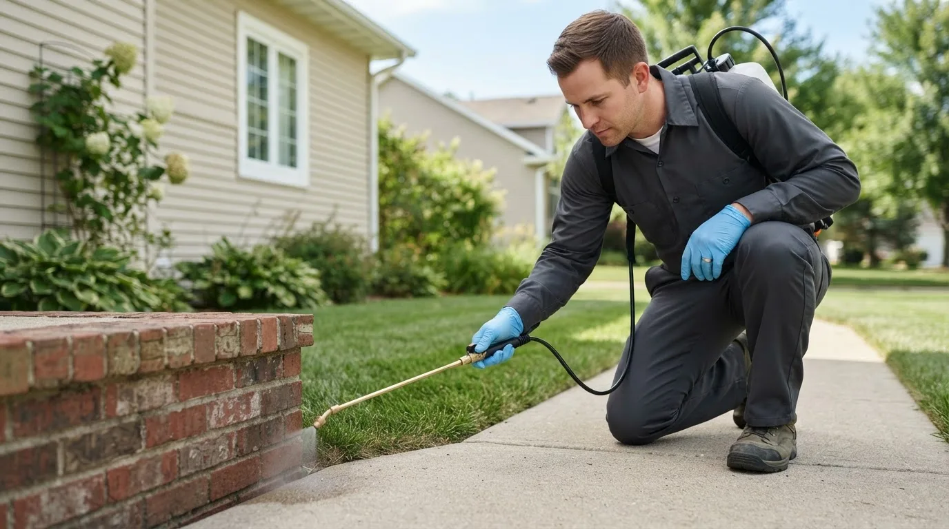 Pest control technician treating a home near Benson, NC